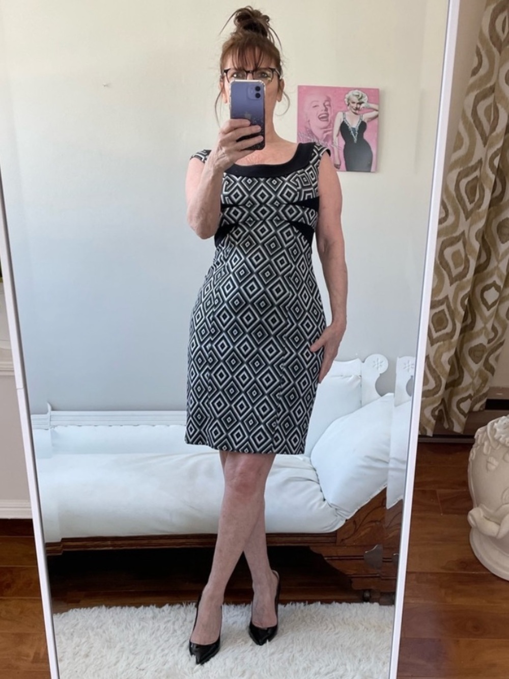 MAGGIE LONDON BLACK WHITE GREY SLEEVELESS DRESS EXPOSED ZIPPER DIAMOND PATTERN